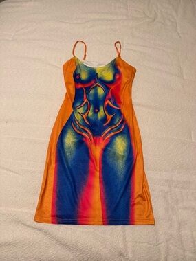 Finesse Orange, Blue & Yellow Bodyprint Mini Dress